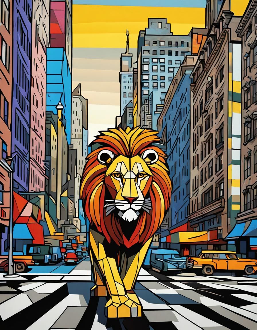 Lion on Broadway in Cubist Pop Art Style