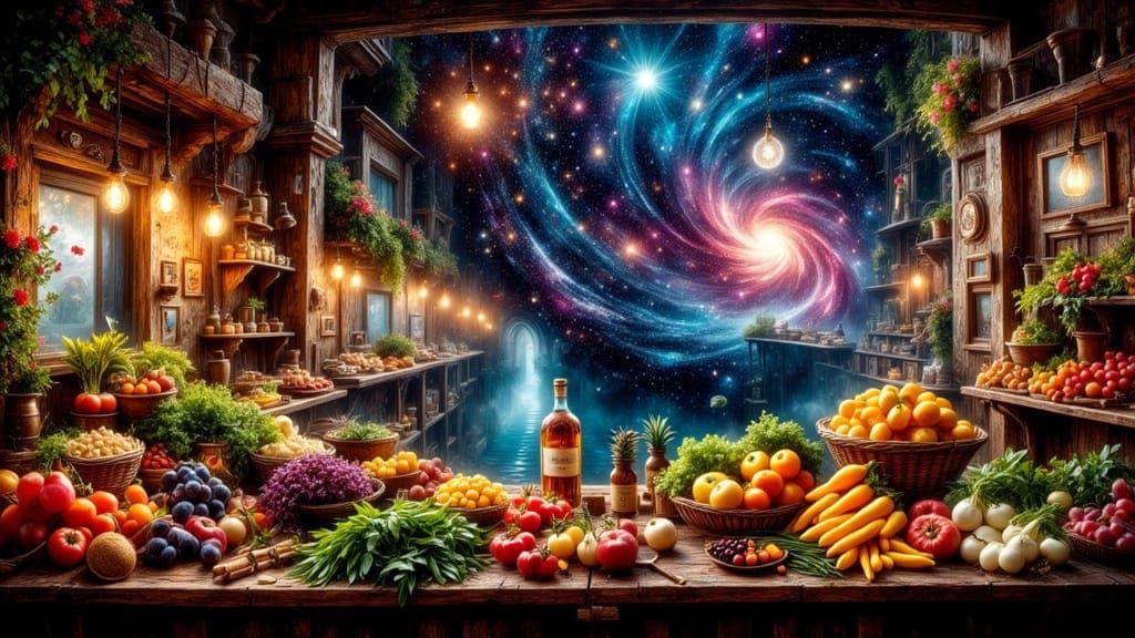 Vibrant Cosmic Farmstand Amidst Surreal Cityscapes