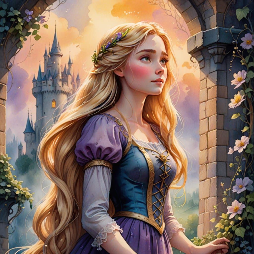 Whimsical Fantasy Portrait of Rapunzel in Enchanting Tower S...