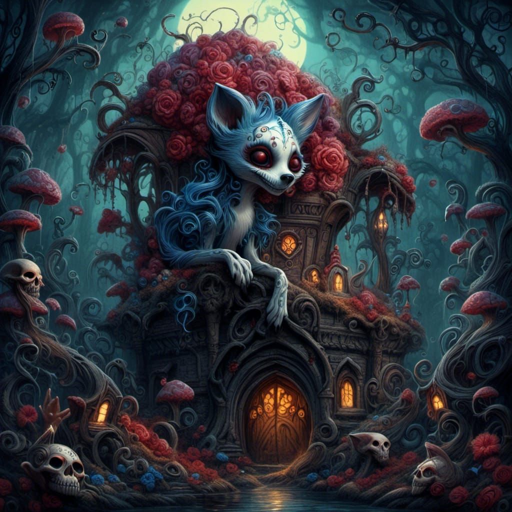 Mystical Forest Sugar Skull Foxes in Gothic Art Style