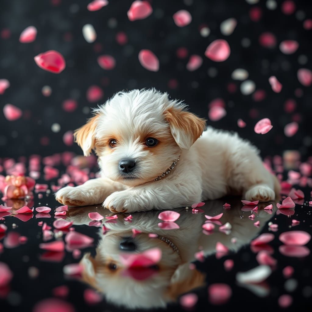Puppy in Falling Petals and Snow, Art Nouveau Style