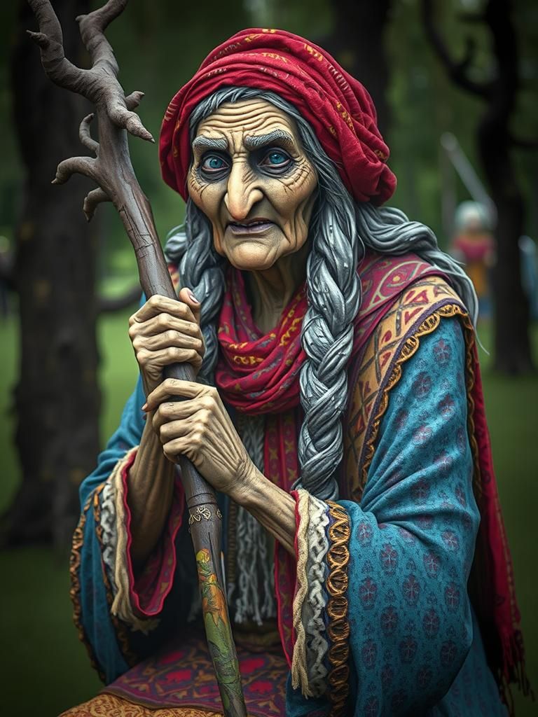 Russian folk folklore, the fairy-tale character Baba Yaga, an old woman, wrinkled face, wrinkles, crooked nose and mouth...
