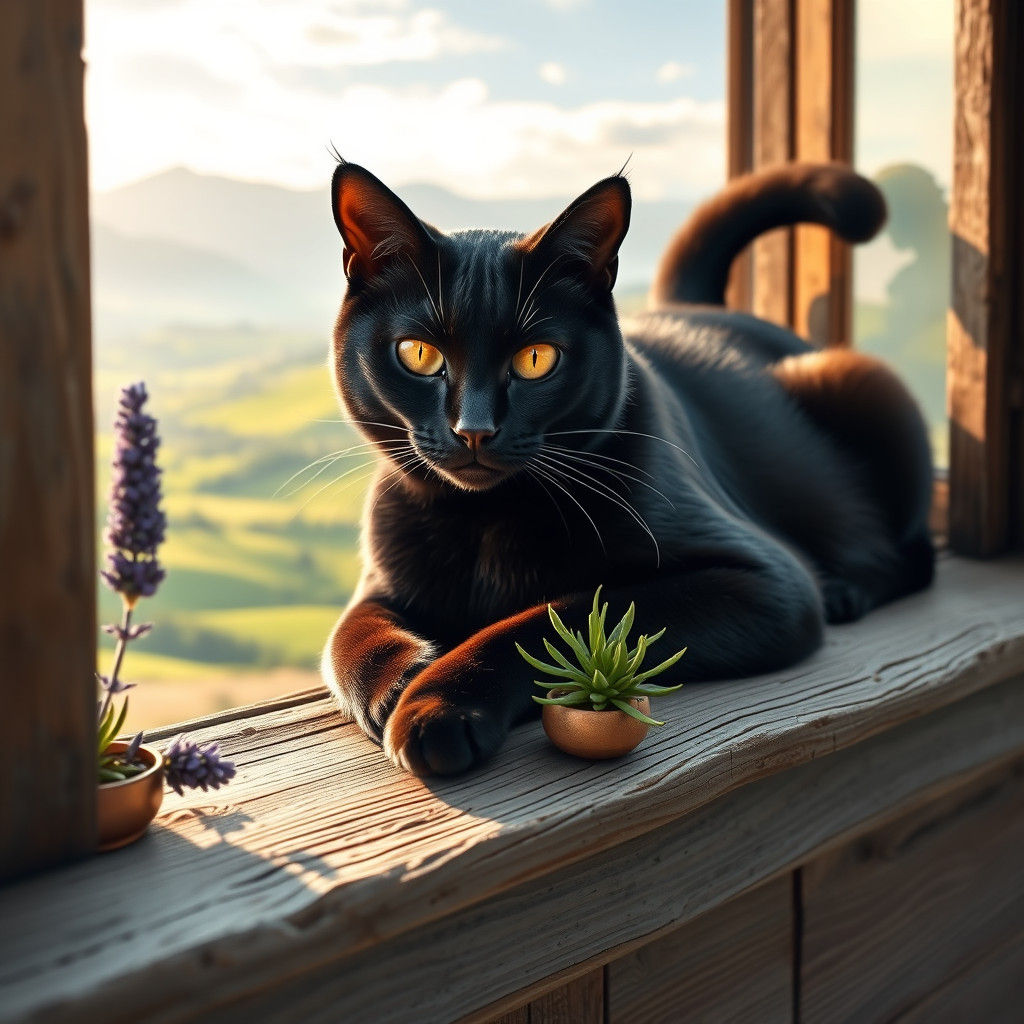 Black Cat Lounging on Window Sill