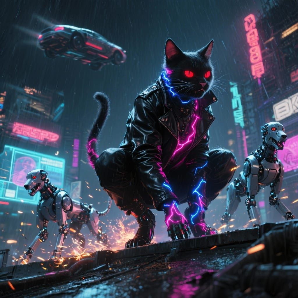Cyberpunk Cat on Rooftop with Robot Dogs