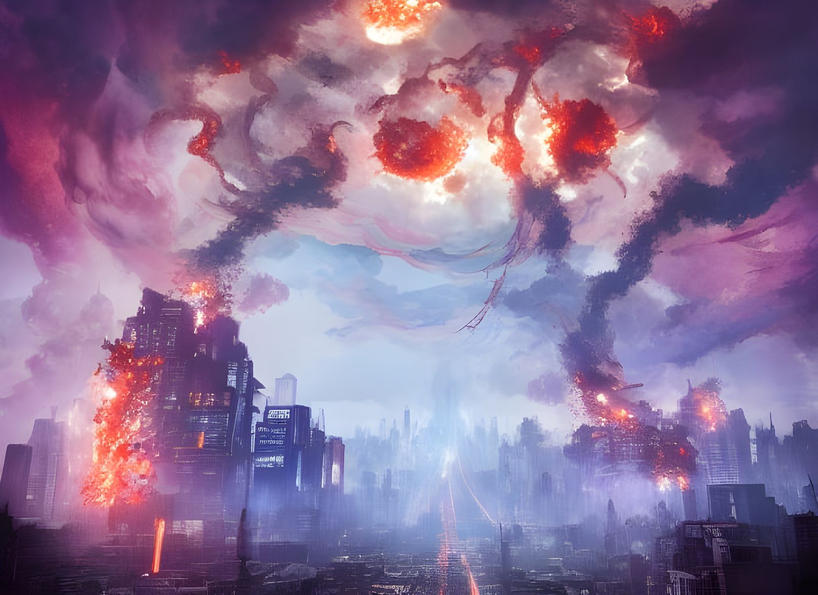 Metropolis Engulfed in Fiery Storm: Digital Illustration