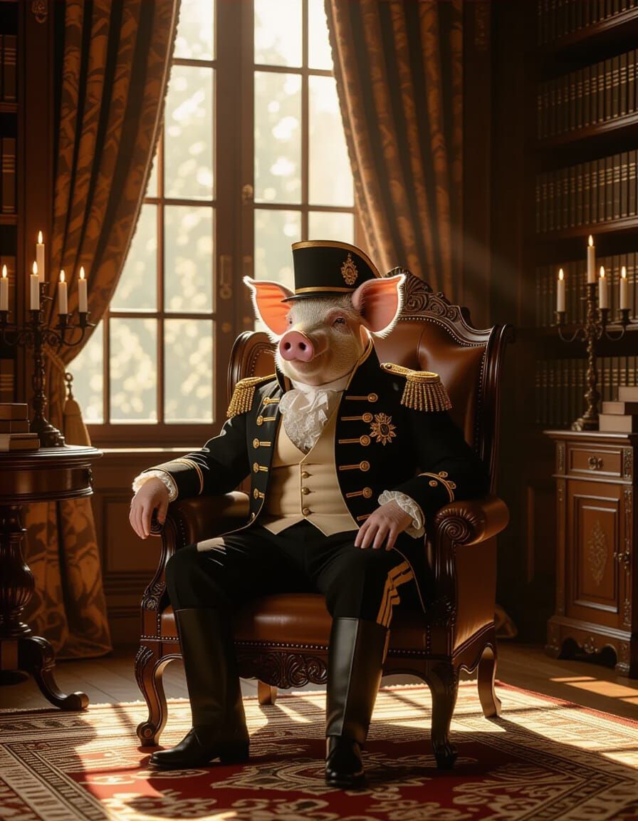 Pig Officer in Ornate Study, Klimt Inspired