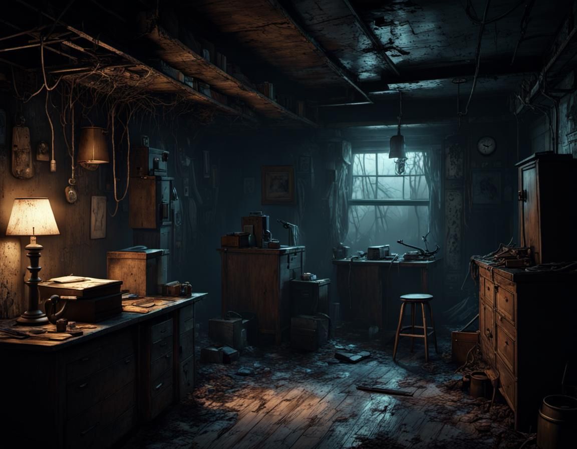 Eerie Basement Concept Art in Film Noir Style