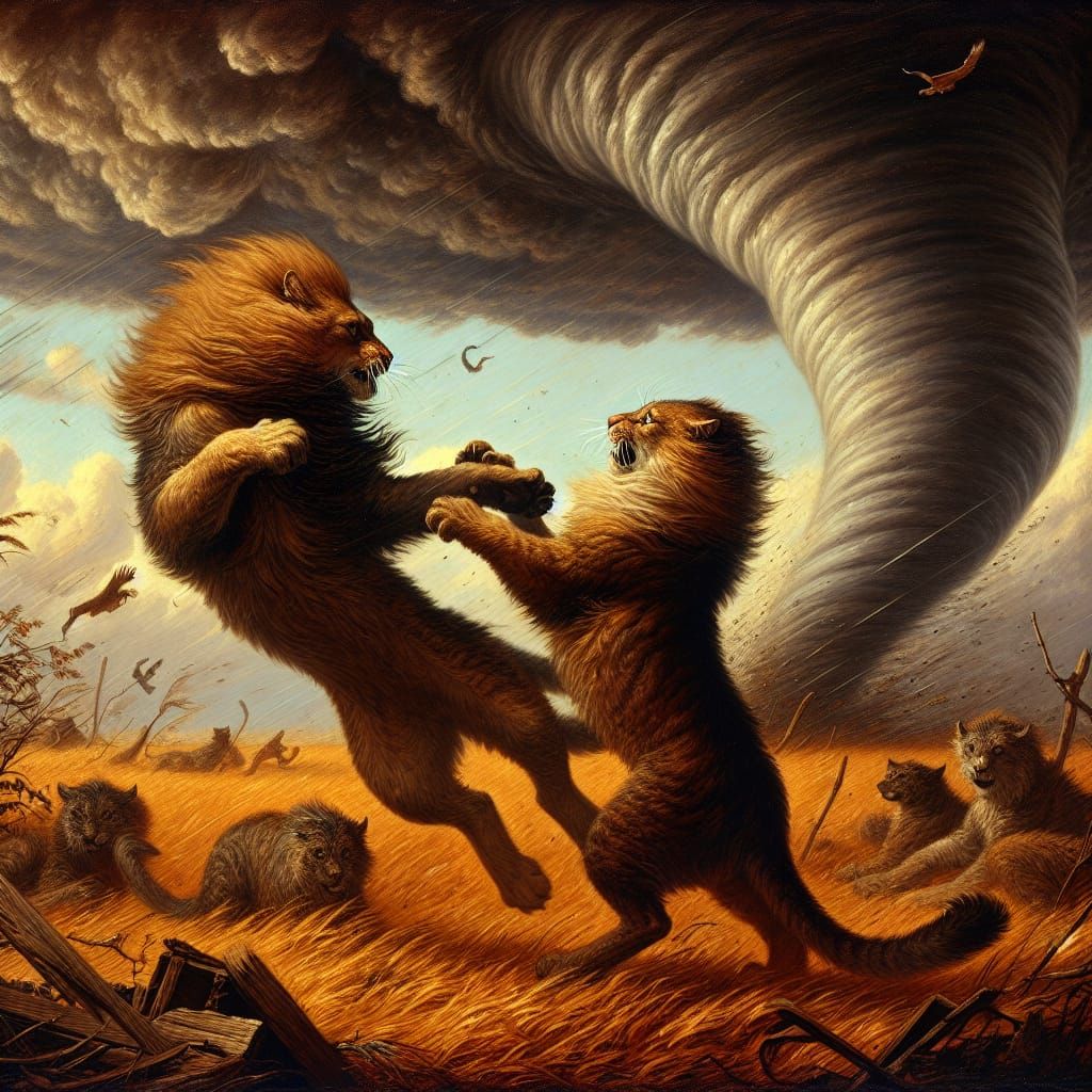 Epic Cat Fight Against Tornado, in Oil Painting Style