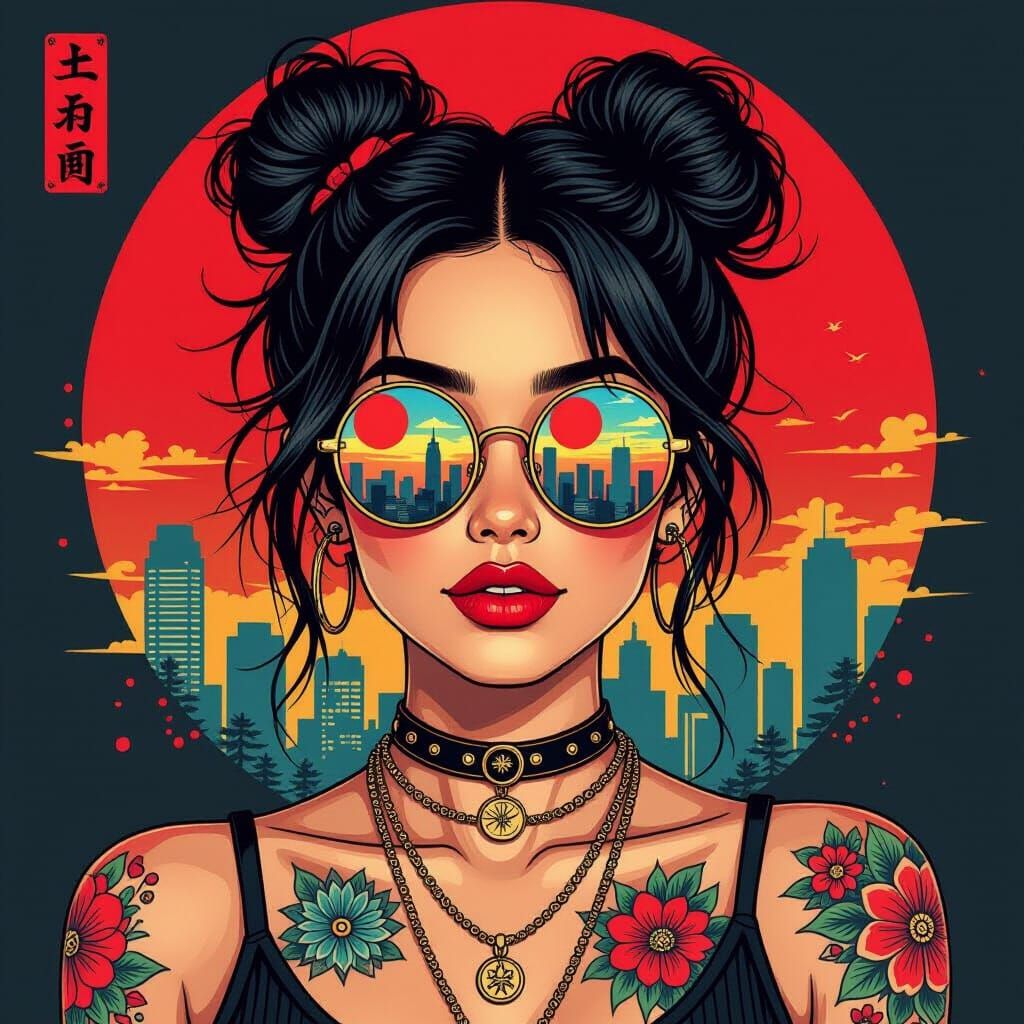 Woman with Tattoos and Reflective Sunglasses in Charcoal Sty...