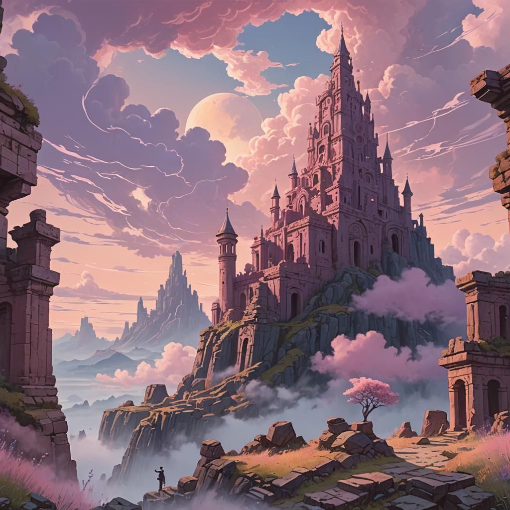 Mystical Ruins in Dreamy Pink Clouds