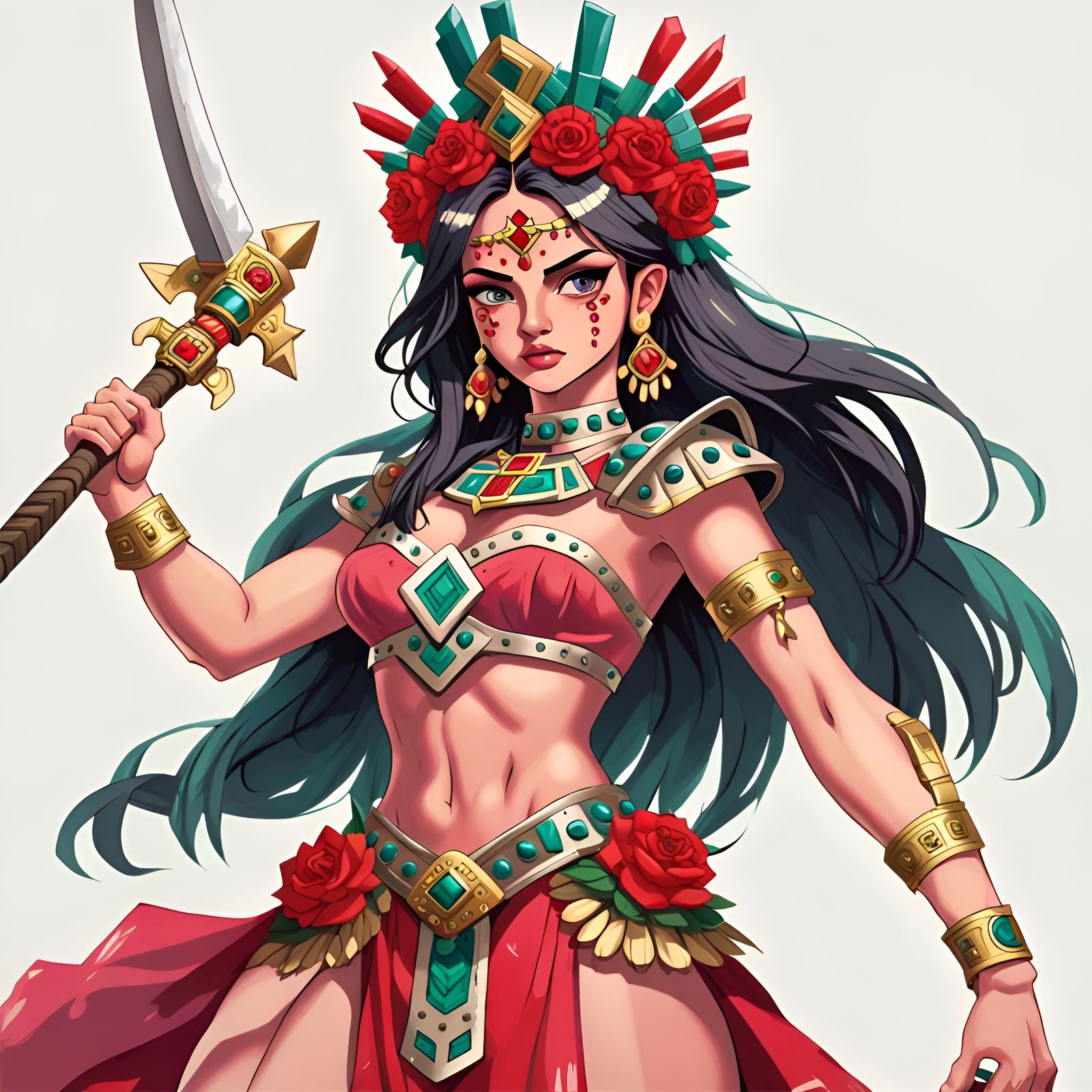 Aztec Warrior Woman with Emerald Crown