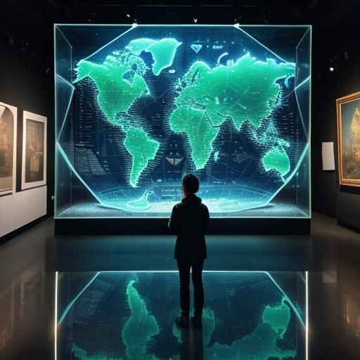 Holographic Map Inside Glass Block in Museum Gallery