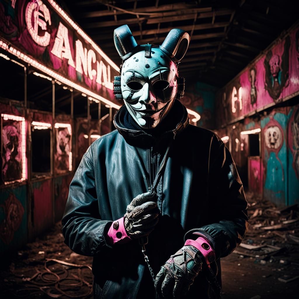 Dark Surrealism: Grotesque Mask in Abandoned Carnival