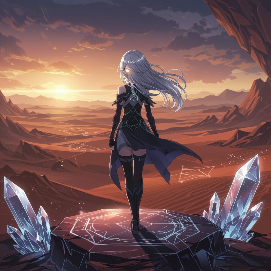 Anime Girl on Crystalline Platform in Alien Desert