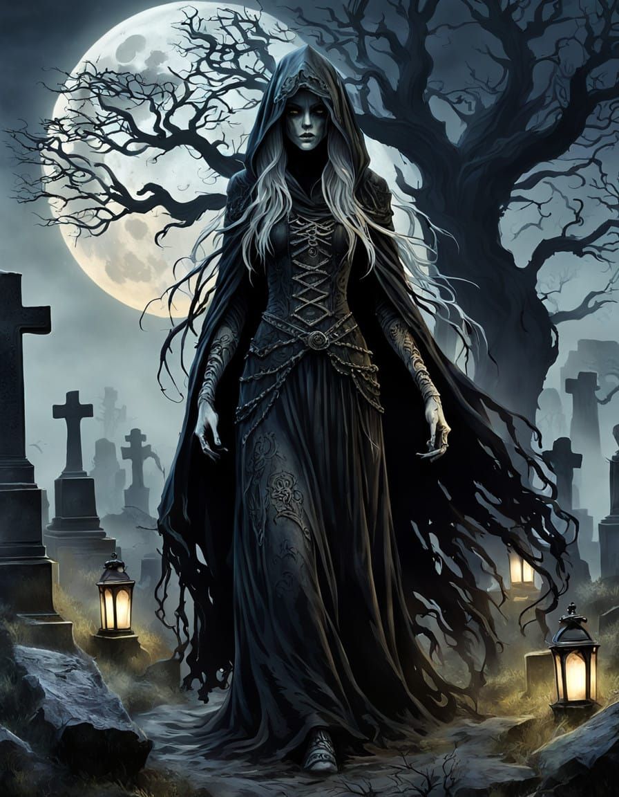 Ethereal Banshee Emerges Under Full Moon in Irish Cemetery