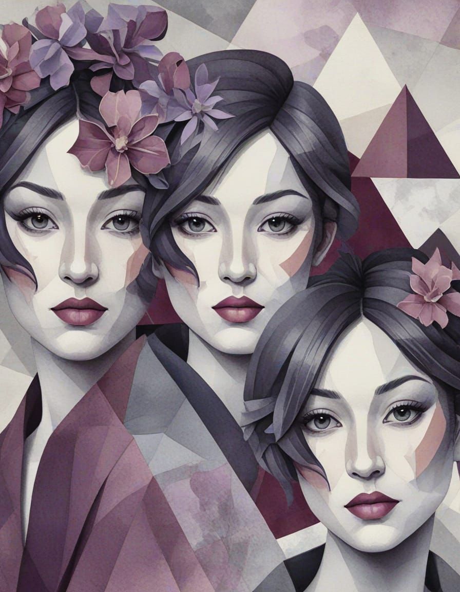 Abstract Cubist Geishas Watercolor Painting