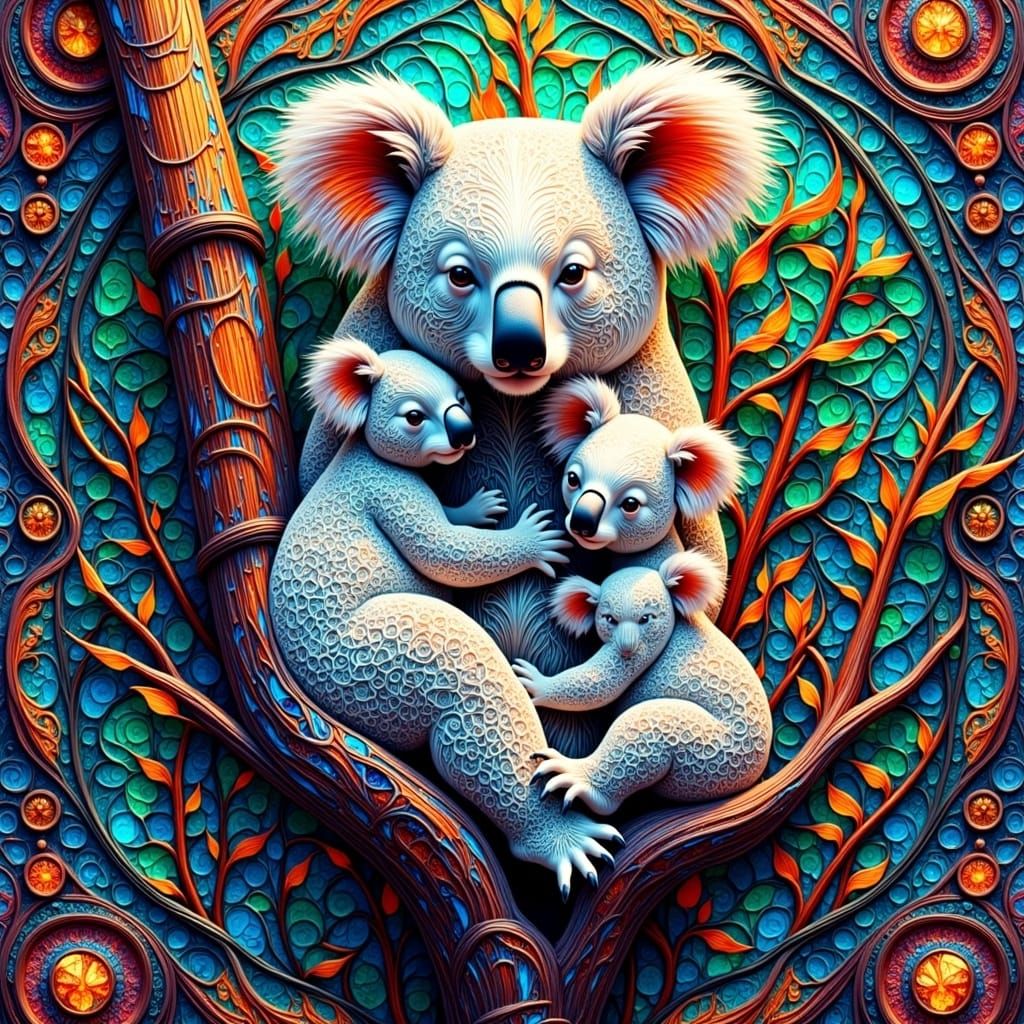 White Koala Family in Stained Glass Fractal Bamboo Tree