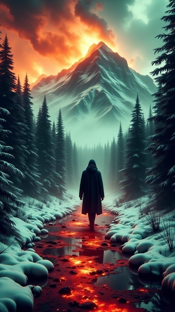 Cyberpunk Wanderer in Ominous, Neon Landscape