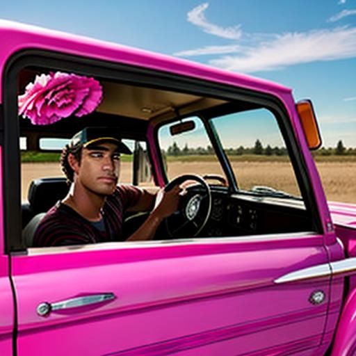 Lonely Cowboy with Pink Carnation and Pickup Truck