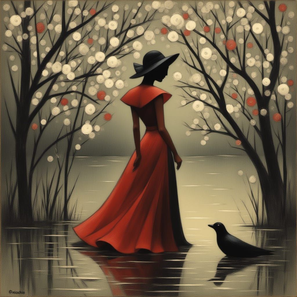 Woman with Bird in Traditional Style