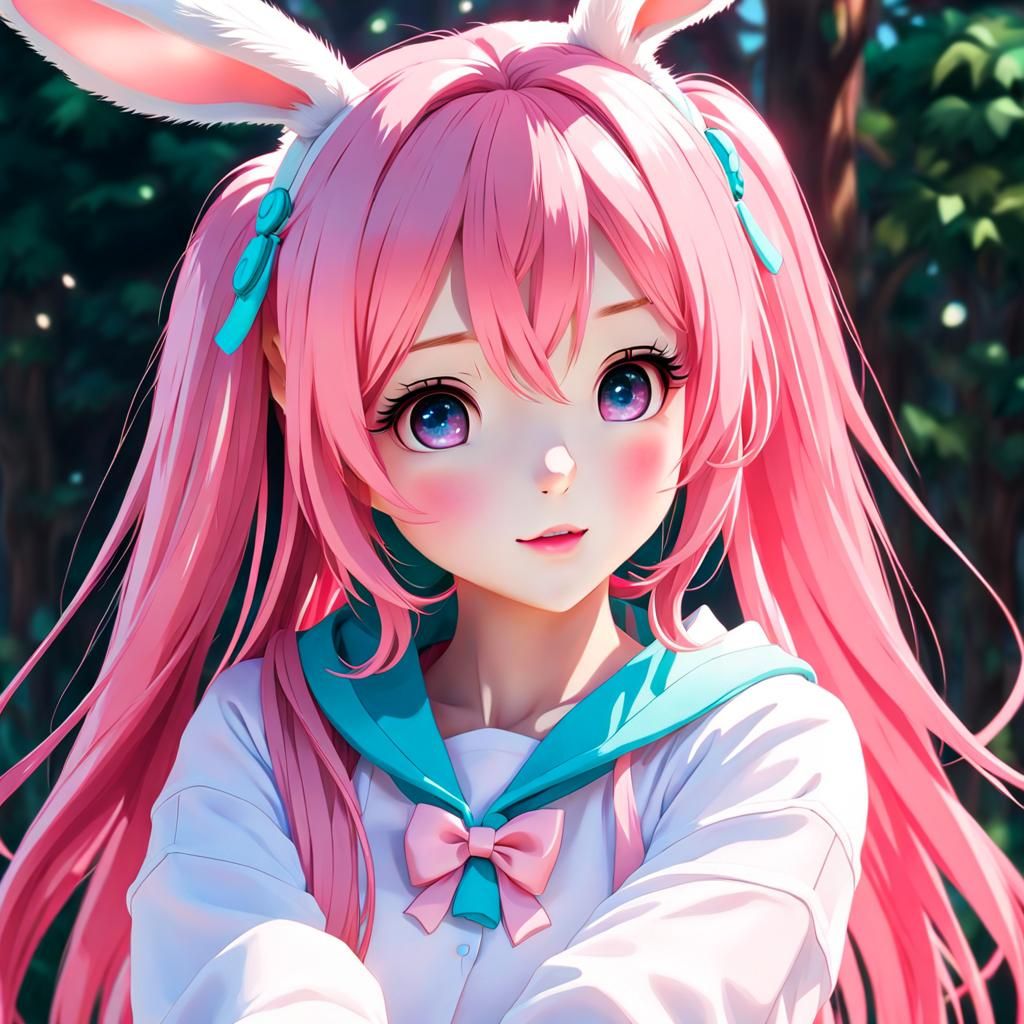 Cute Anime Girl with Pink Hair and Bunny Ears