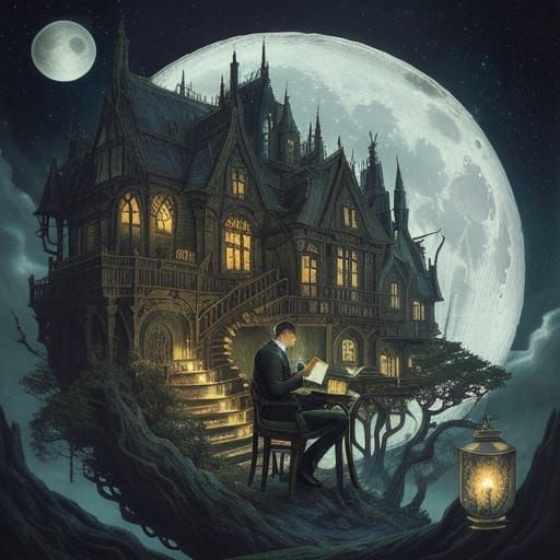 Surreal Moonlit Library Scene in Whimsical Style