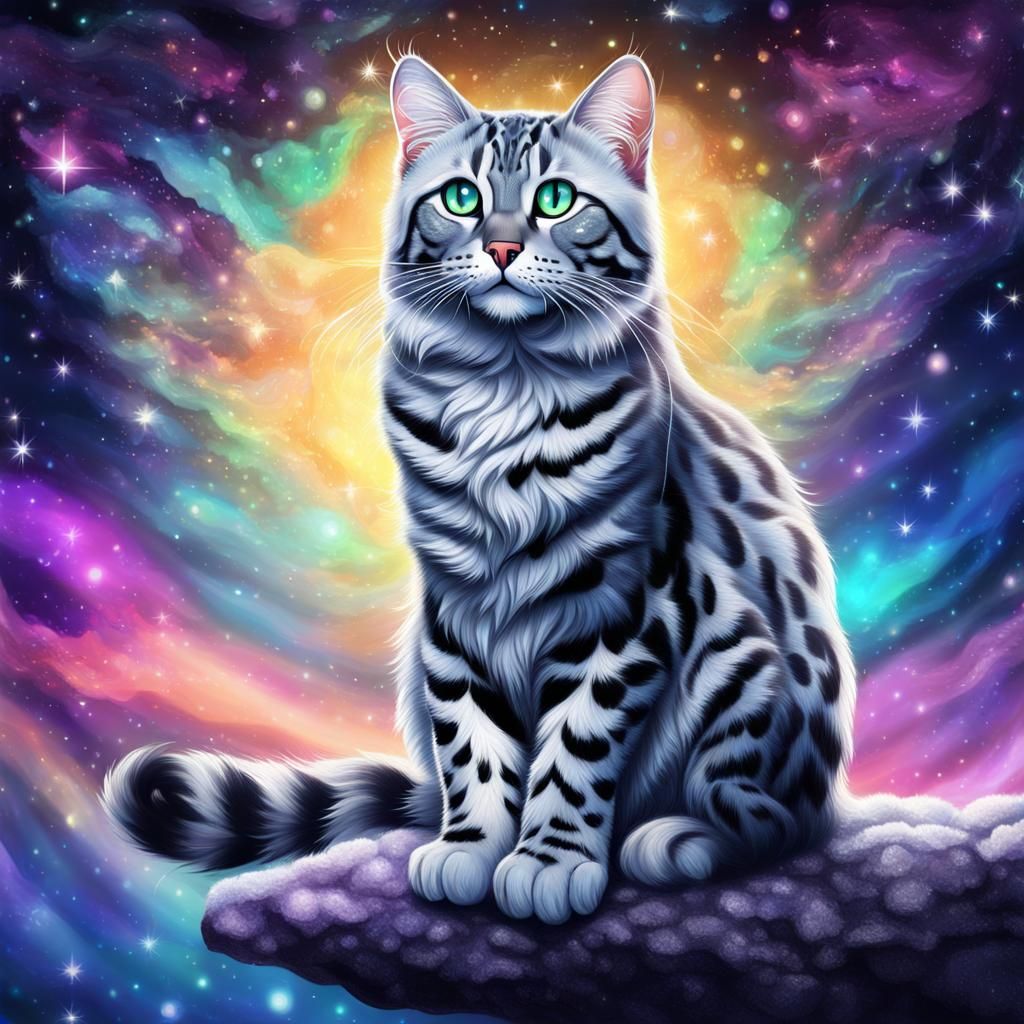 Cute Silver Bengal Cat with Northern Lights, Anime Art