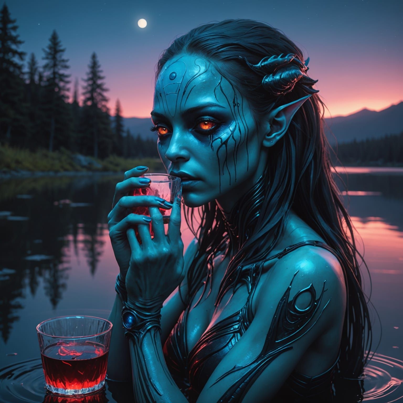 Neon Alien Girl Crying Black Blood in Moonlight