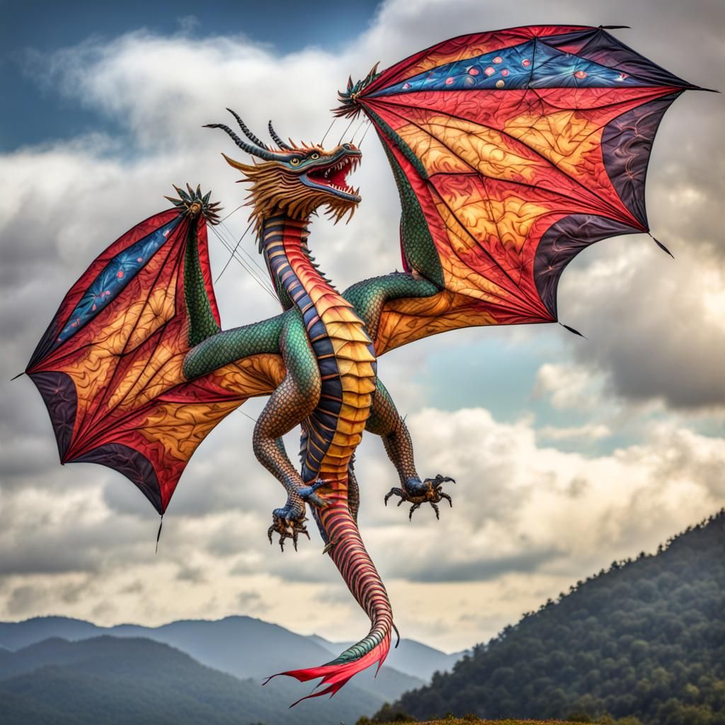 Silk Punk Dragon Kite in Flight, Hyperrealistic Render