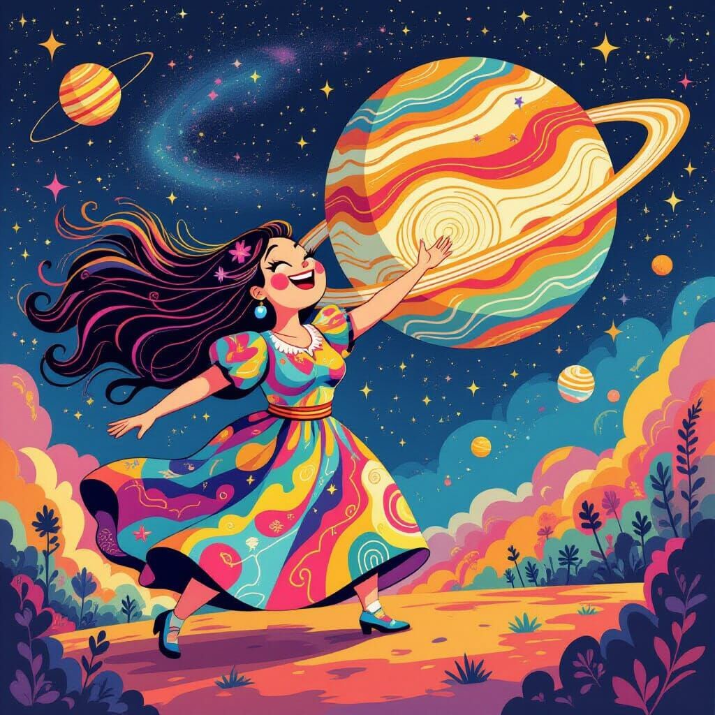 Giant Cartoon Woman Plays With Planet in Cosmic Expanse