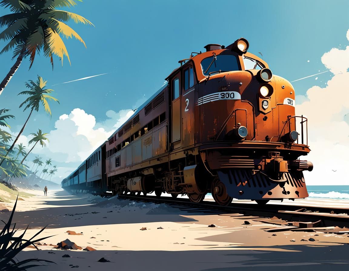 Rusty Train on Beach: Anime Style Digital Art