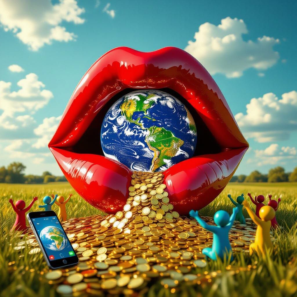 Giant Red Lips Spew Waste Onto Earth Sphere Over Golden Hoar...