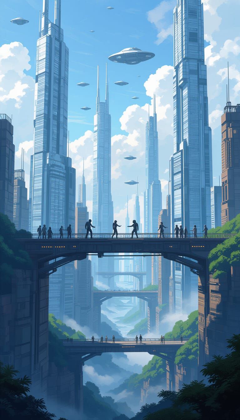 Futuristic City Battle: Humans vs Cyborgs on High Bridge