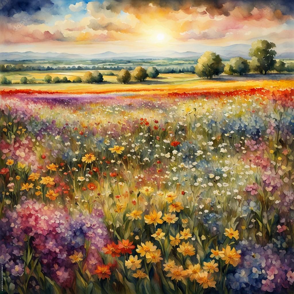 Watercolor Flower Field on a Beautiful Day