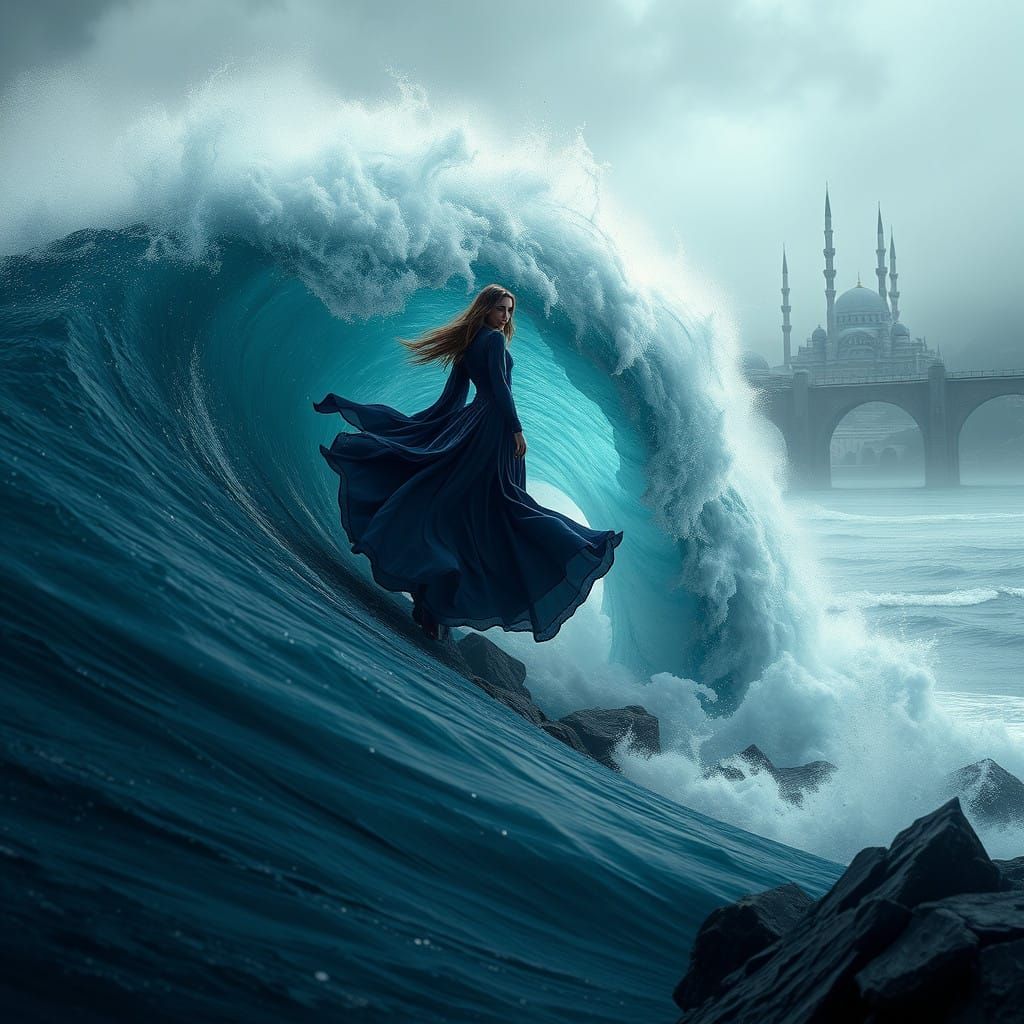 Surreal Beach Goddess Rides Turquoise Wave