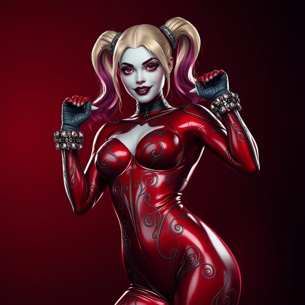 Sleek Harley Quinn in Red Latex Bodysuit on Dark Velvet Back...
