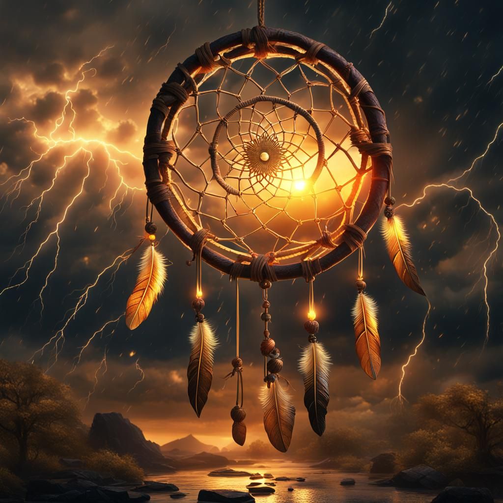 Dreamcatcher in Storm with Golden Flames, Fantasy Art