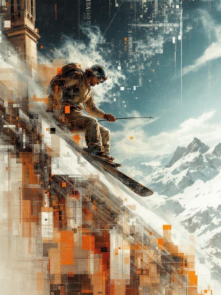 Corrupted Renaissance Fresco with Skiing Figures