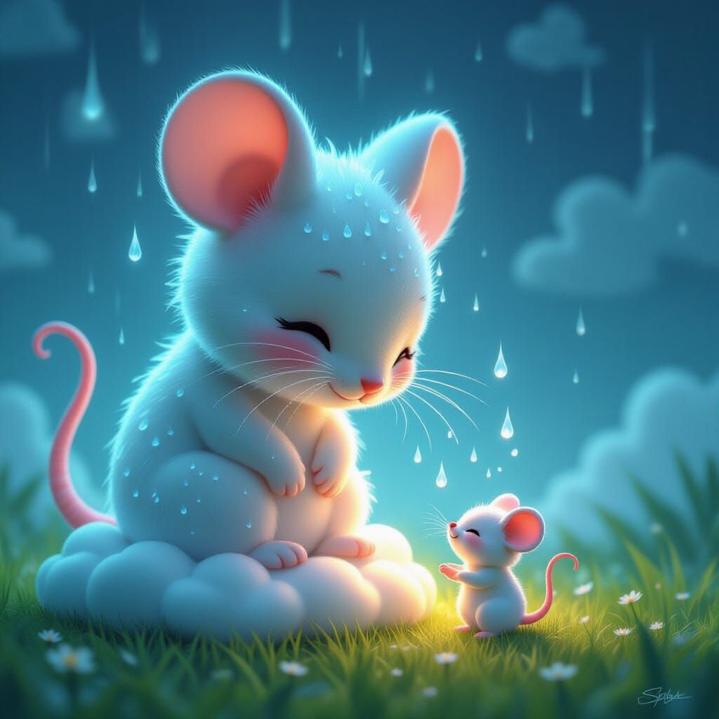Cartoonish Dewdrop Mouse Hologram in Fantasy Meadow