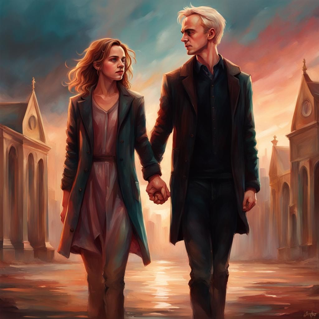 Hermione and Draco Holding Hands: Hyperrealistic Art