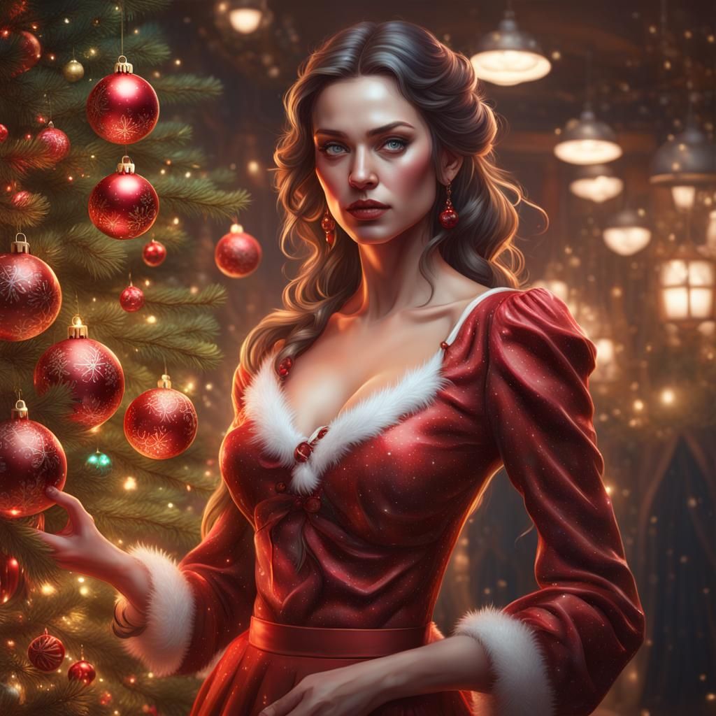 Festive Woman Kicking Christmas Ornaments: Detailed Portrait