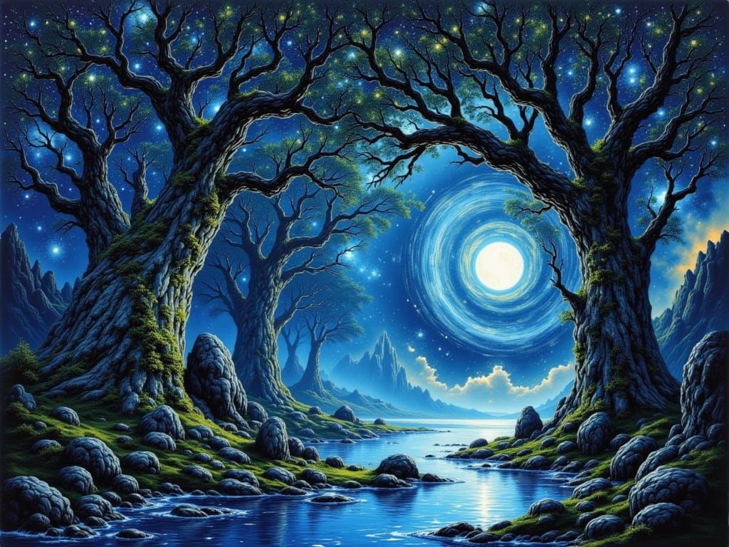 Ancient Forest River Under Galactic Sky