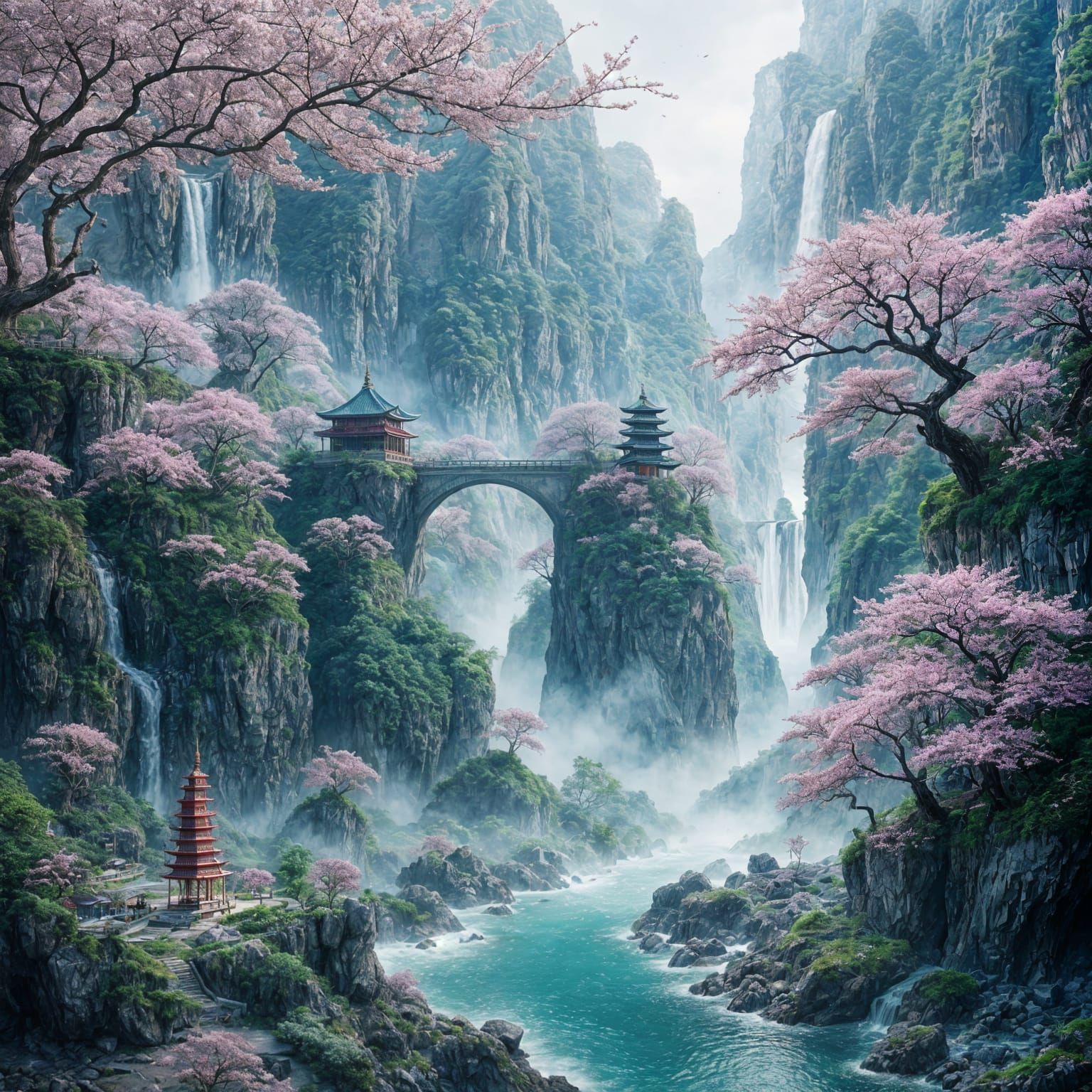 Ethereal East Asian Landscape with Pagodas and Blossoms