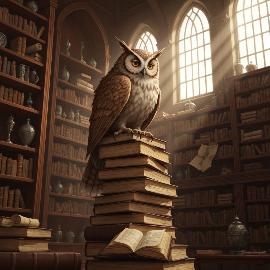 Wise Owl in Library, Fantasy Realism Art