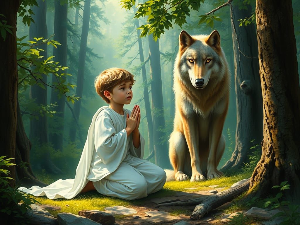 Boy Praying in Forest with Wolf, Fantastical Realism