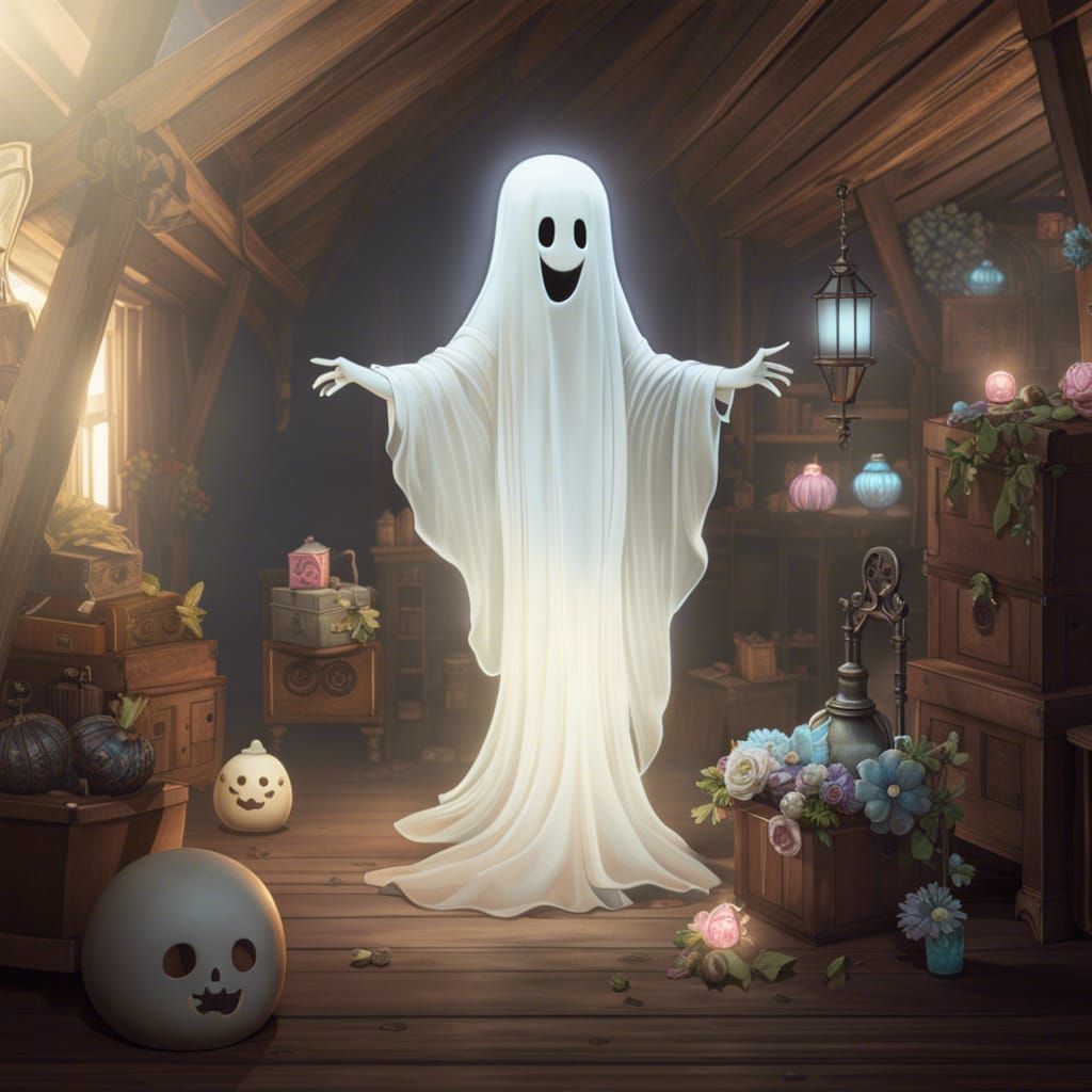 Cute Chibi Ghost Dancing in Haunted Attic