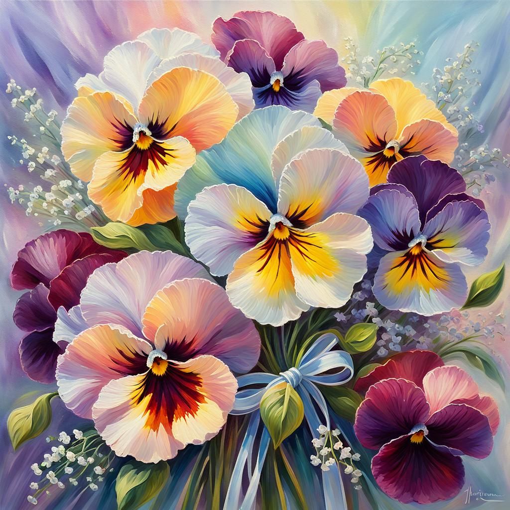 Rainbow Pansy Bouquet Oil Painting in Impressionist Style