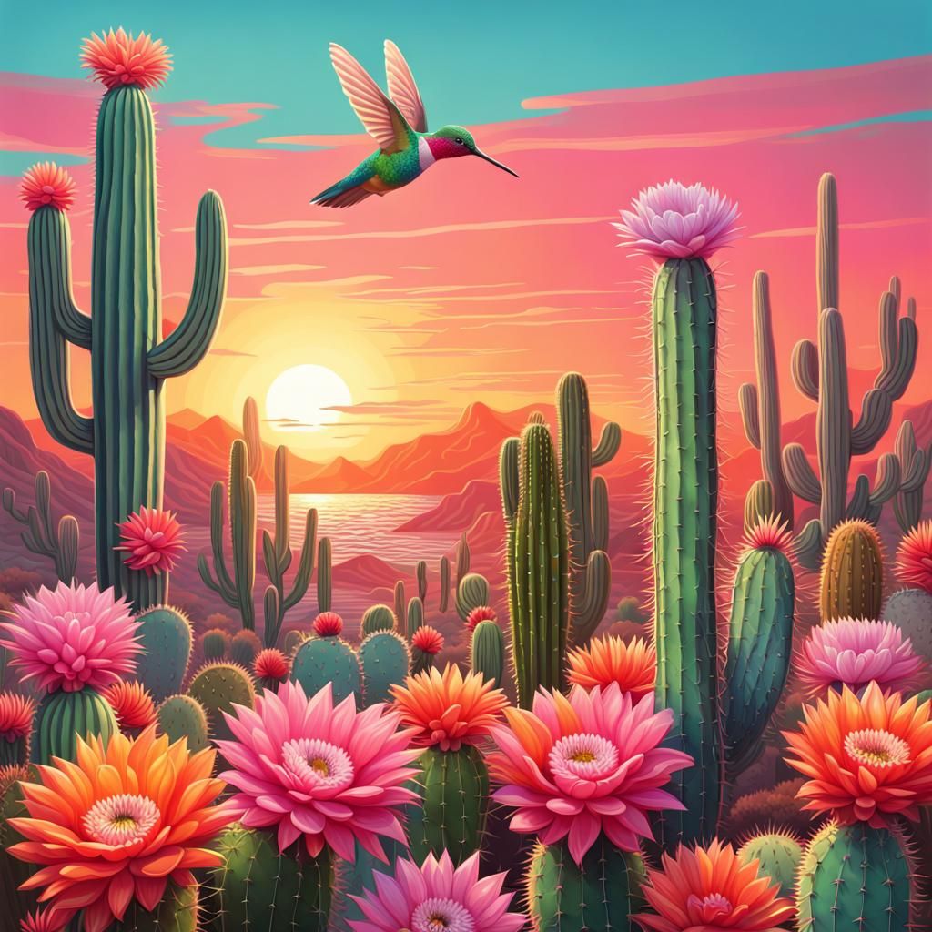 Cactus Sunset with Hummingbird in Candy Art Style
