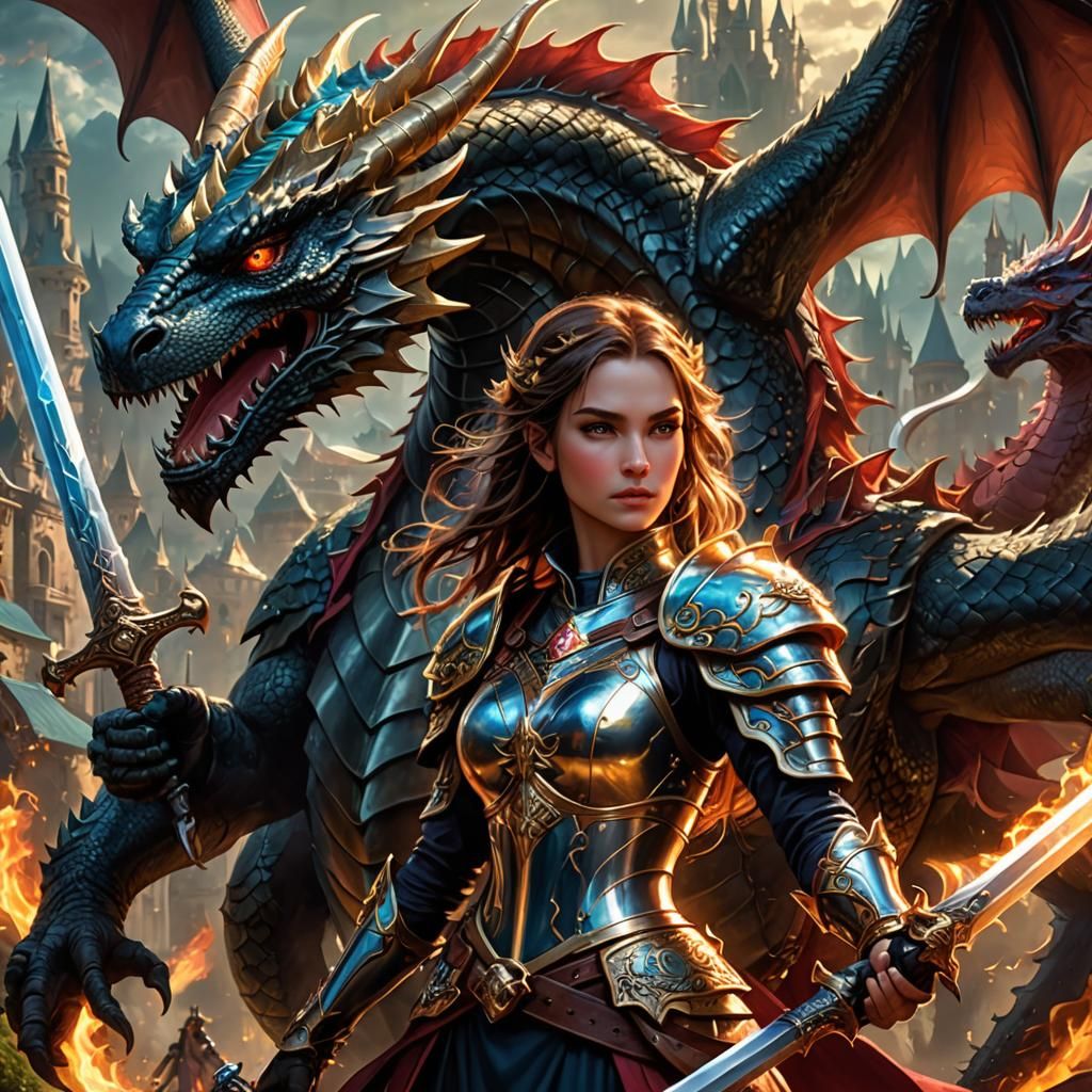Epic Princess Battles Dragon in Fantasy Illustration