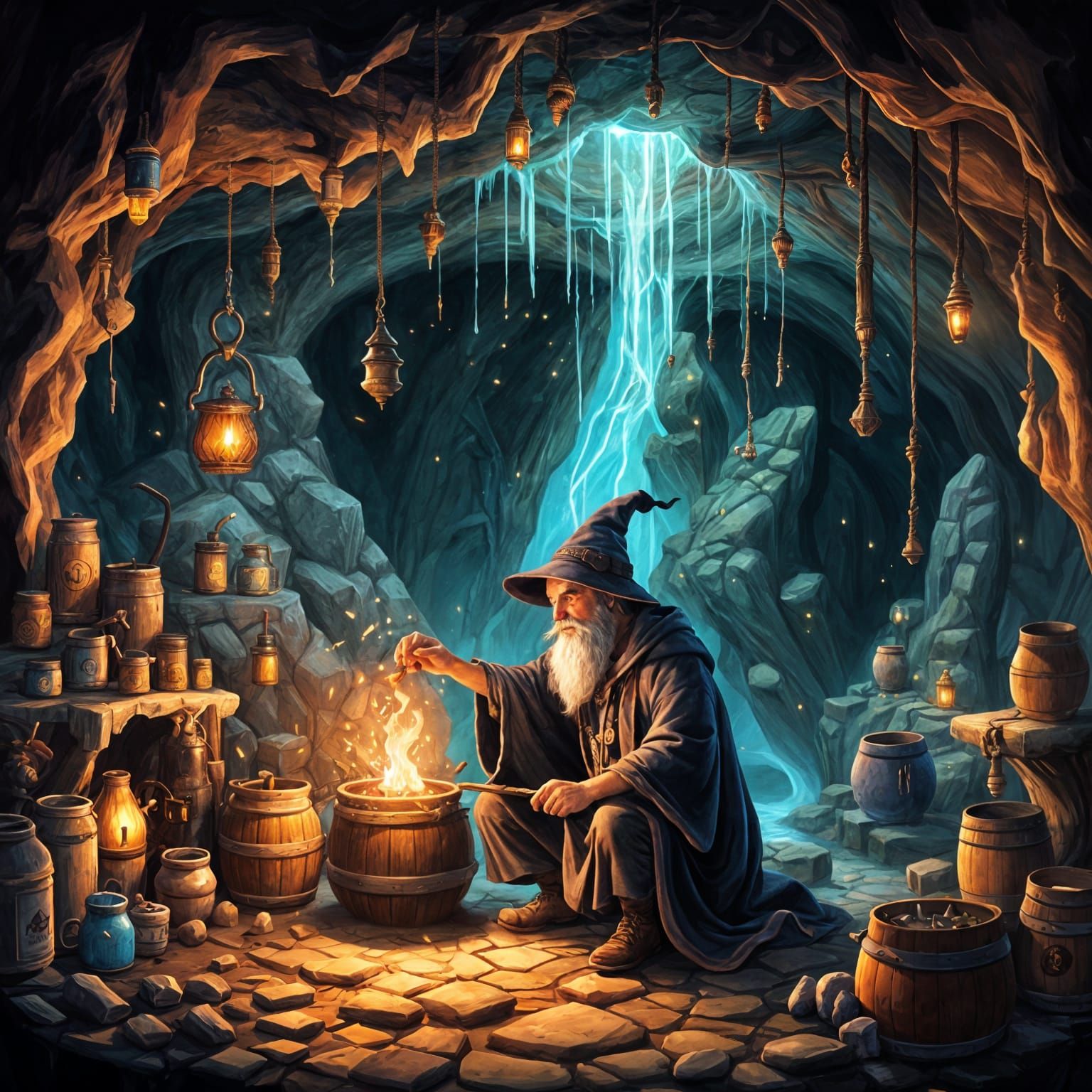 Alchemist Brewing Spell in Secret Cave